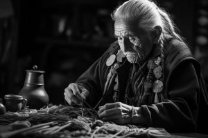 Artista mohicano creando artesanía con abalorios IA generativa