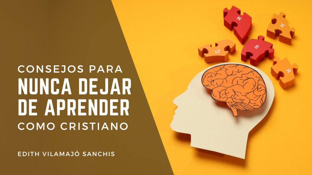 fondo naranja con la silueta de una cabeza de cartulina con un cerebro de cartulina naranja dentro y piezas de puzle en rojo y naranja alrededor de la cabeza para ilustrar blog sobre nunca dejar de aprender como cristiano