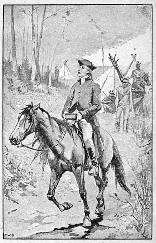 ilustración blanco y negro de david brainerd a caballo con tipis indios de fondo