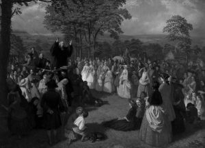 Cuadro de Thomas Walley de George Whitefield predicando en el campo rodeado de multitudes en Bolton en junio de 1750