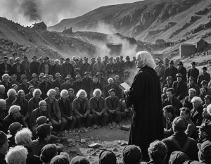 Ilustración IA de George Whitefield con sotana negra y peluca blanca predicando a las afueras de las minas de Bristol en el siglo XVIII