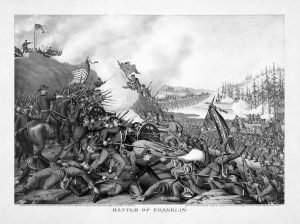 Escena ilustrada de la batalla de Franklin en la Guerra de Secesión de Estados Unidos en la que E. M. Bounds fue capellán del ejército confederado