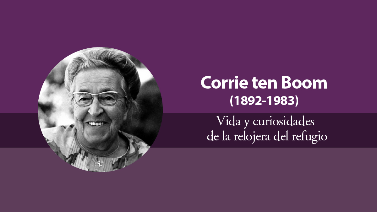 banner tonos morados con retrato de corrie ten boom en blanco y negro en circulo para ilustrar biografía sobre su vida