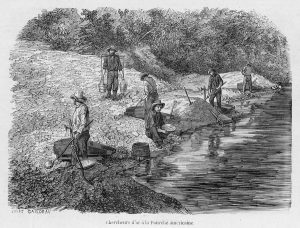 Grabado de la fiebre del oro en California mostrando 6 personas a la orilla de un río 1853
